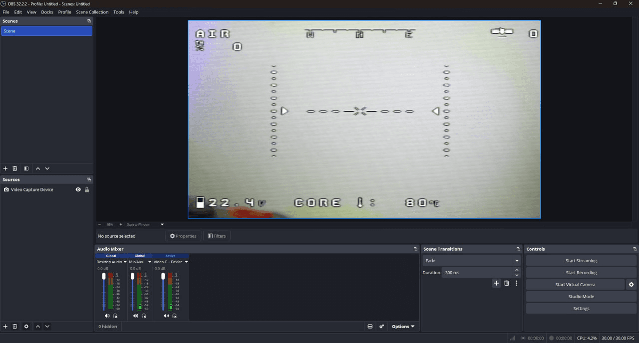 Supplied OBS Studio capture showing Analog FPV video as a Video Capture Device source