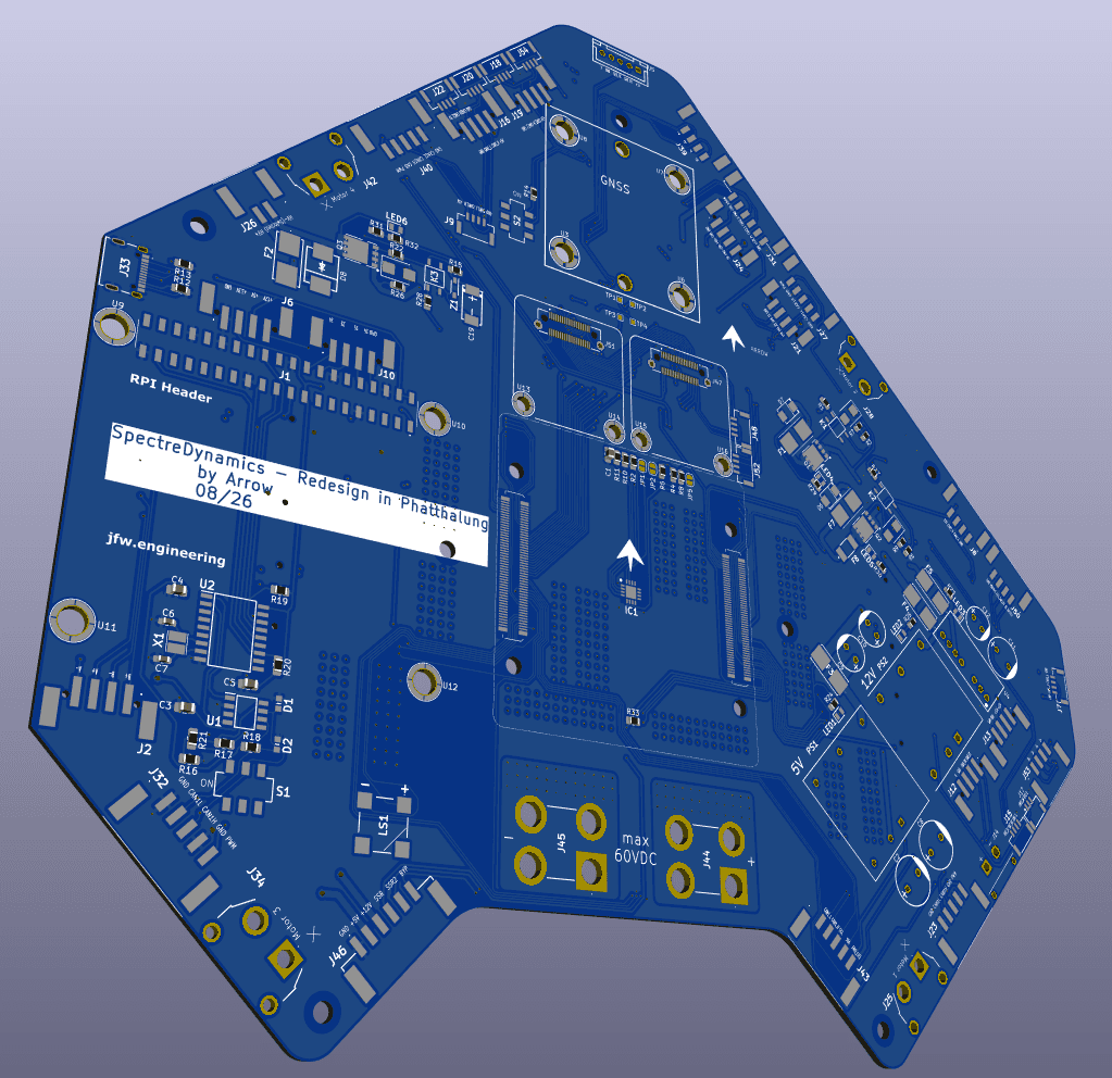Blue Spectre Dynamics custom PCB rendering showing board traces, connectors and component footprints