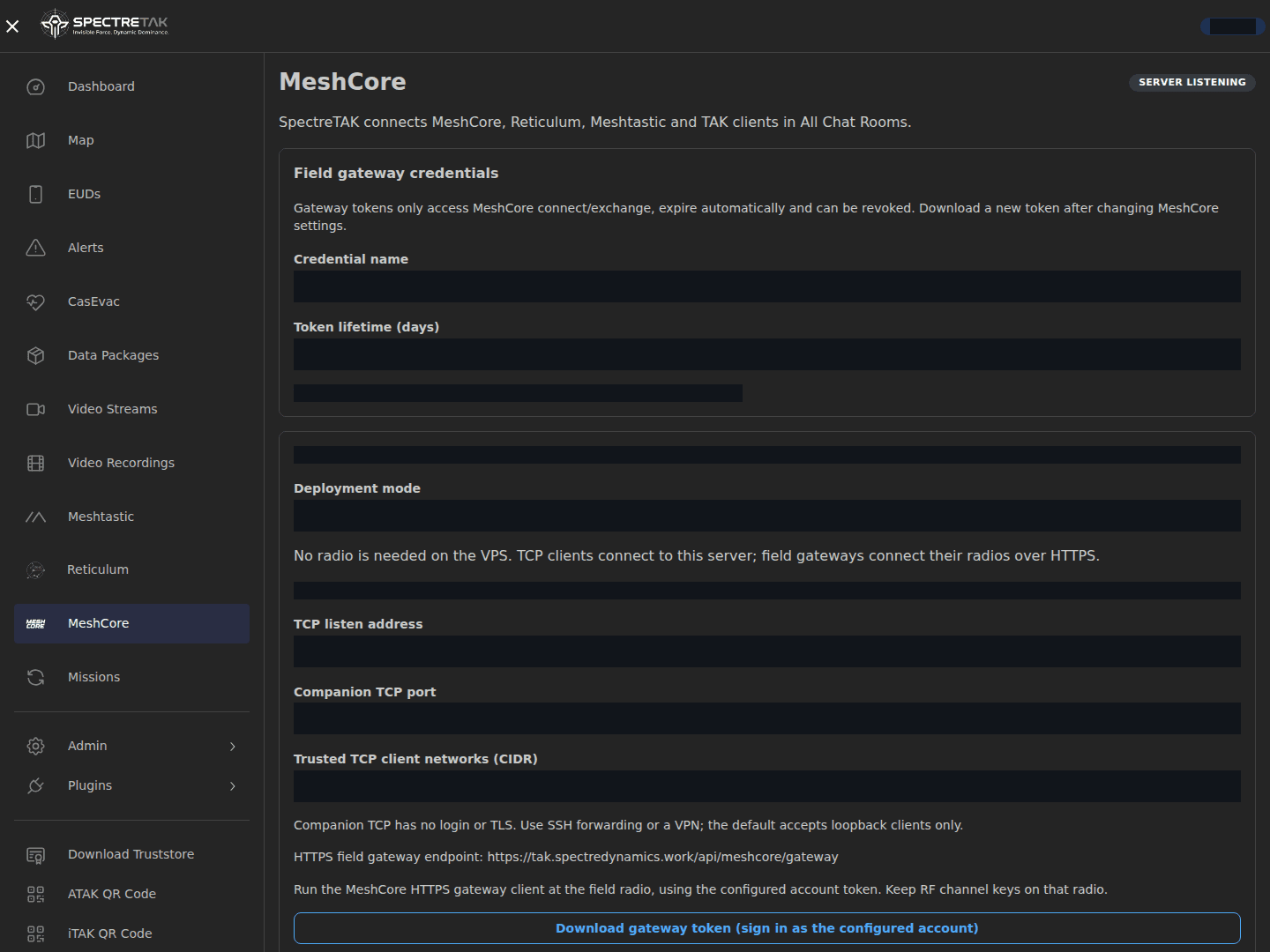 SpectreTAK MeshCore server console showing VPS mode, Companion TCP and gateway credential controls