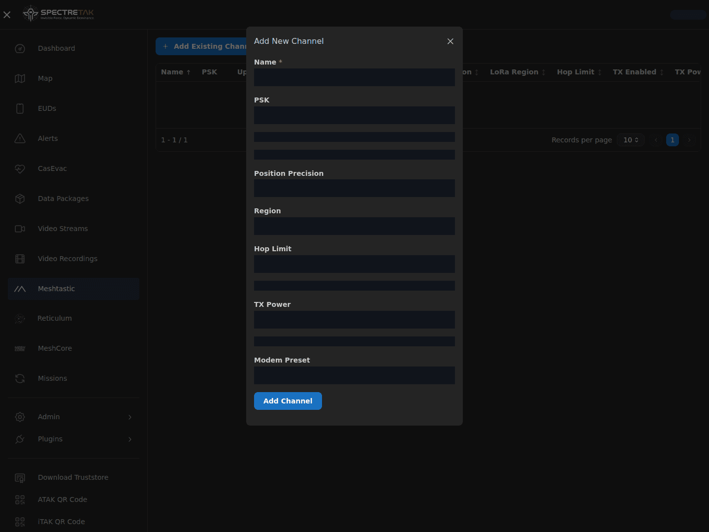 SpectreTAK Meshtastic interface for channel, PSK, uplink and downlink configuration