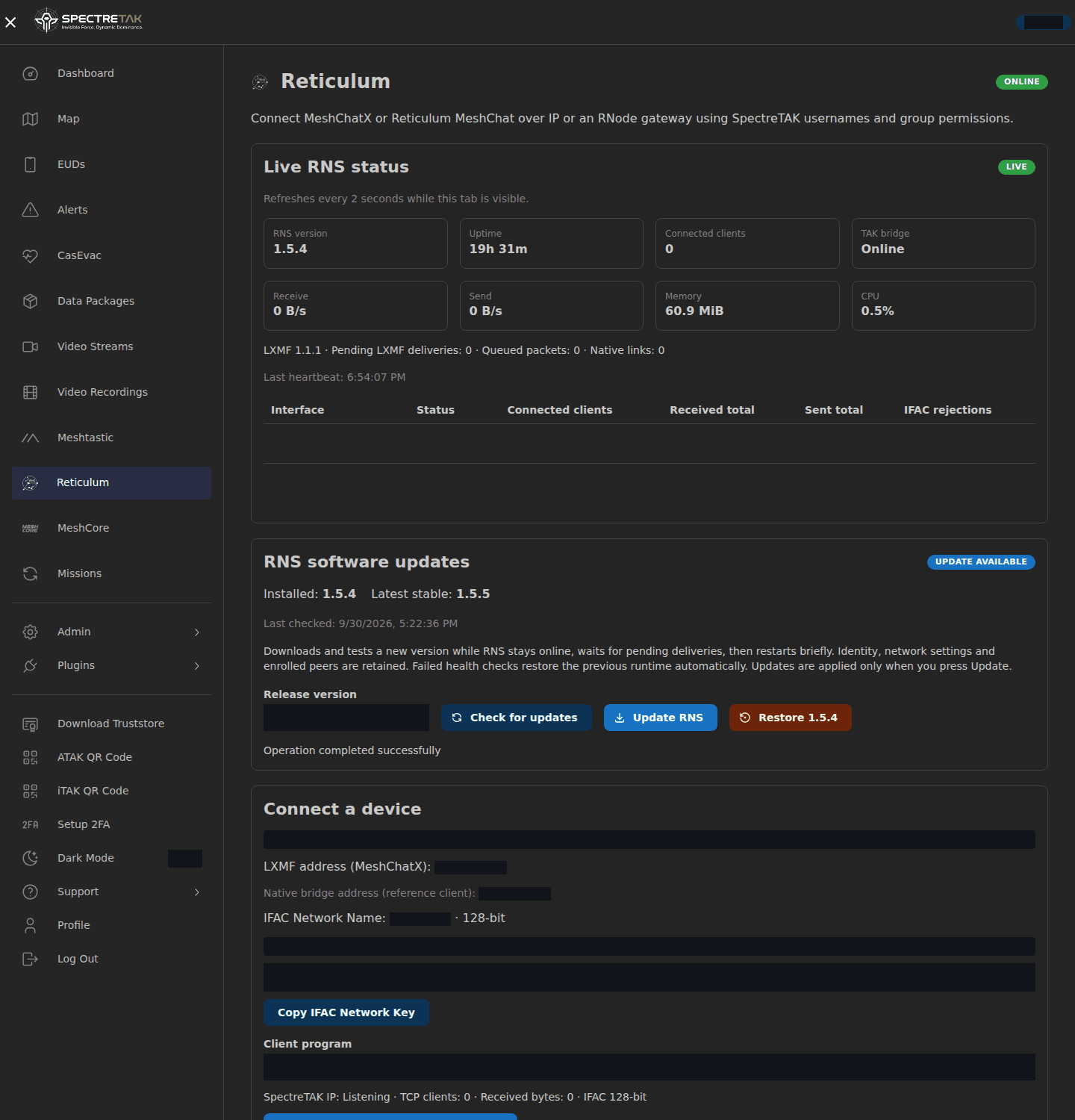 SpectreTAK Reticulum console showing live monitoring and RNS update controls